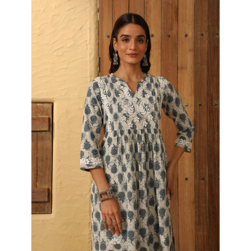 House of Chikankari Grey Cotton Printed Women's Long Kurta
