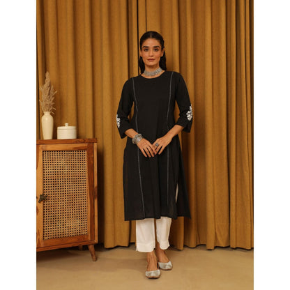 House of Chikankari Black Cotton Kantha Hand Embroidered Solid Women's Long Kurta