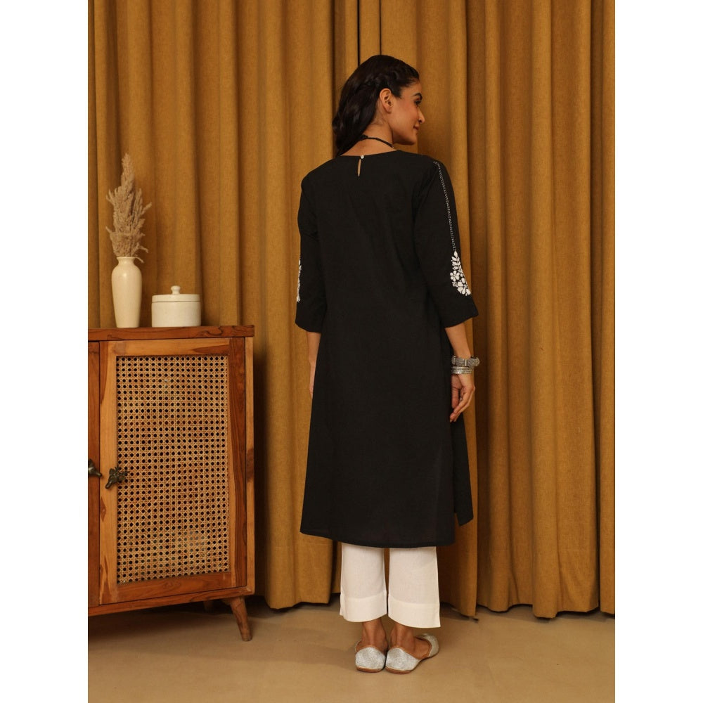 House of Chikankari Black Cotton Kantha Hand Embroidered Solid Women's Long Kurta