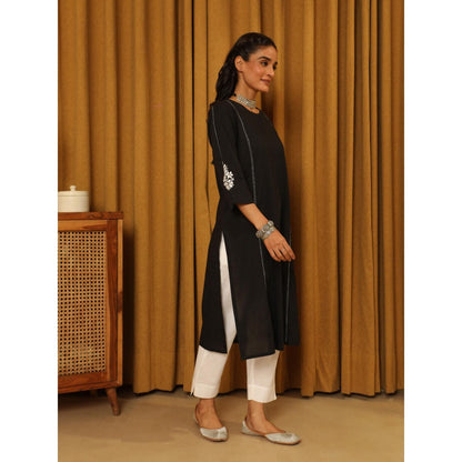 House of Chikankari Black Cotton Kantha Hand Embroidered Solid Women's Long Kurta
