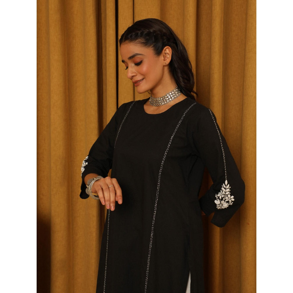 House of Chikankari Black Cotton Kantha Hand Embroidered Solid Women's Long Kurta