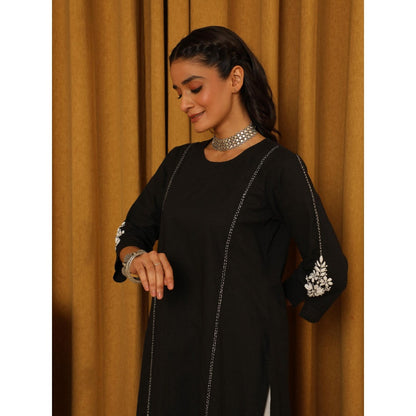House of Chikankari Black Cotton Kantha Hand Embroidered Solid Women's Long Kurta
