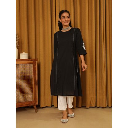 House of Chikankari Black Cotton Kantha Hand Embroidered Solid Women's Long Kurta