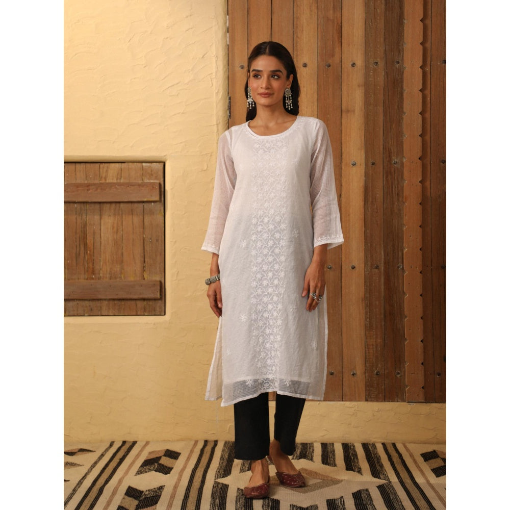 House of Chikankari White Kota Chikankari Women's Long Kurta with Inner (Set of 2)
