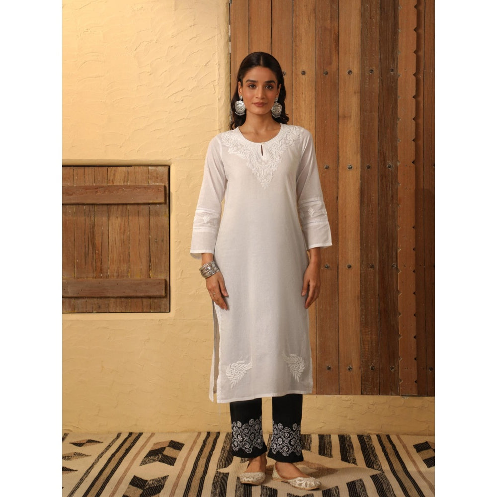 House of Chikankari White Cotton Chikankari Women's Long Kurta