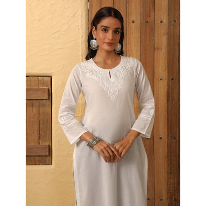 House of Chikankari White Cotton Chikankari Women's Long Kurta