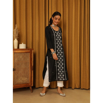House of Chikankari Black Cotton Women's Long Kurta