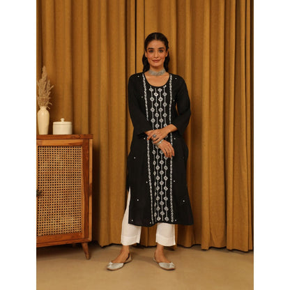 House of Chikankari Black Cotton Women's Long Kurta