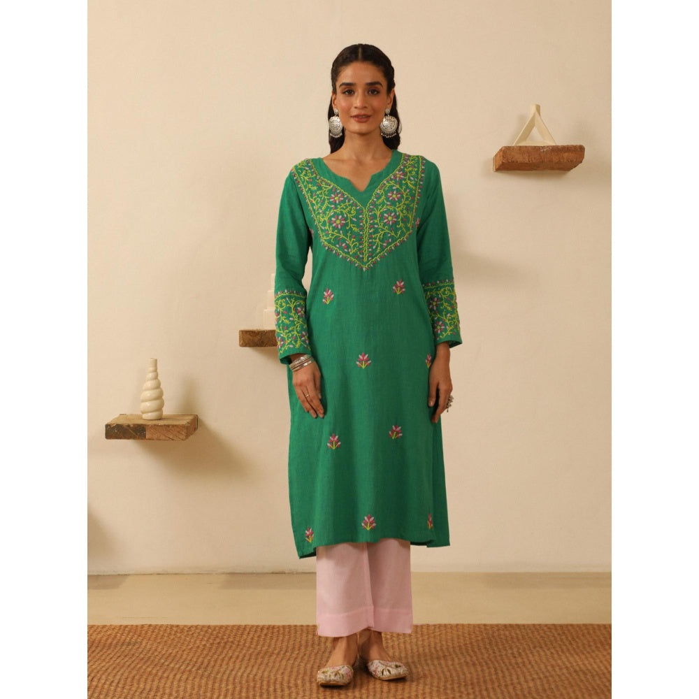 House of Chikankari Green Cotton Women's Long Kurta