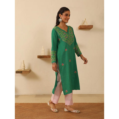 House of Chikankari Green Cotton Women's Long Kurta