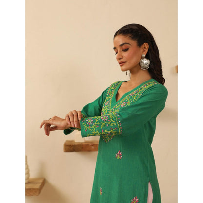 House of Chikankari Green Cotton Women's Long Kurta