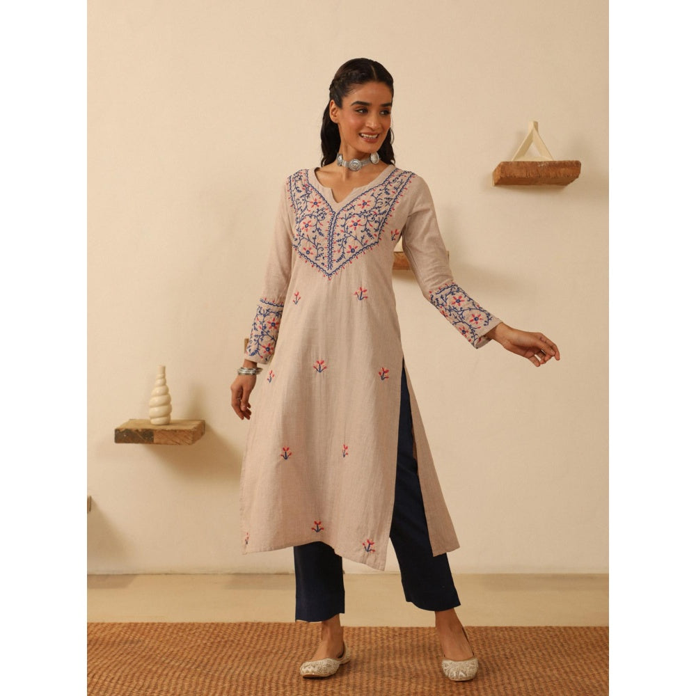 House of Chikankari Beige Cotton Women's Long Kurta