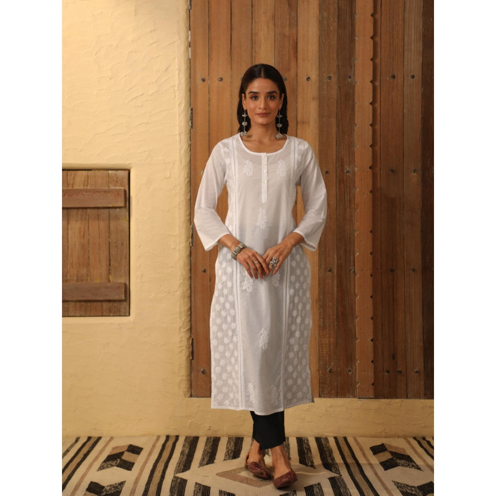 House of Chikankari White Cambric Women's Long Kurta with Lace