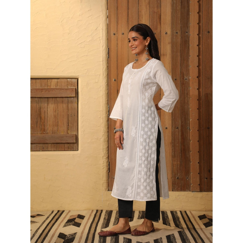 House of Chikankari White Cambric Women's Long Kurta with Lace