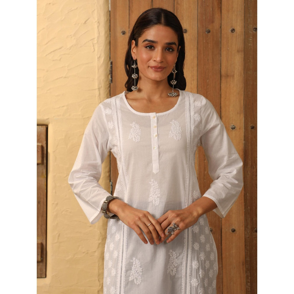 House of Chikankari White Cambric Women's Long Kurta with Lace