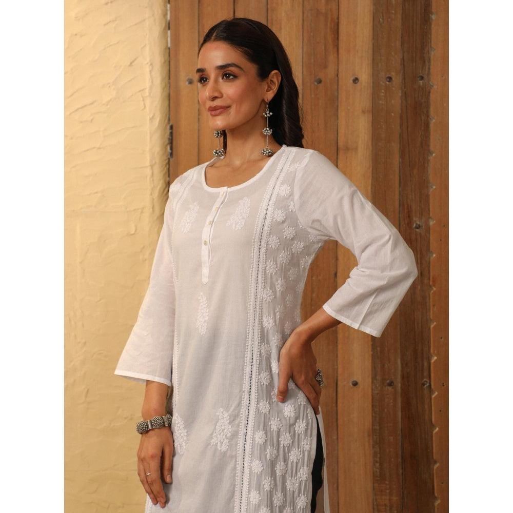 House of Chikankari White Cambric Women's Long Kurta with Lace