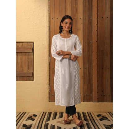 House of Chikankari White Cambric Women's Long Kurta with Lace