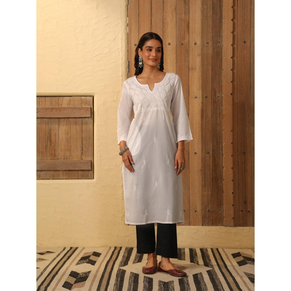 House of Chikankari White Cambric Women's Long Kurta with Lace