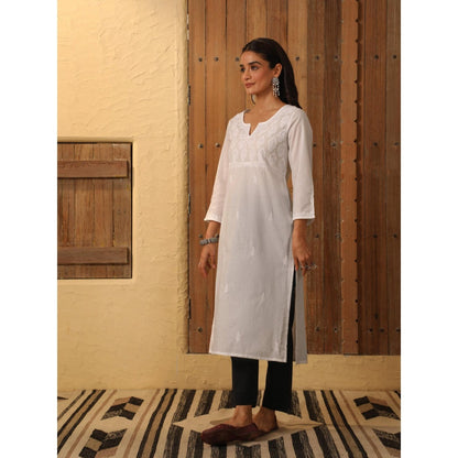 House of Chikankari White Cambric Women's Long Kurta with Lace