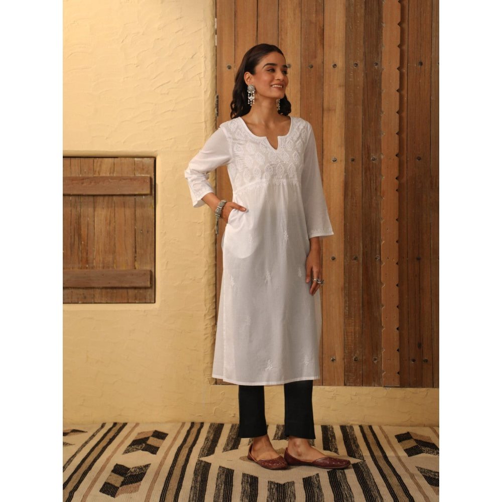 House of Chikankari White Cambric Women's Long Kurta with Lace
