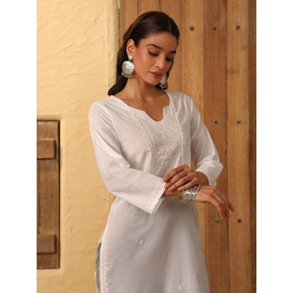 House of Chikankari White Cotton Women's Long Kurta