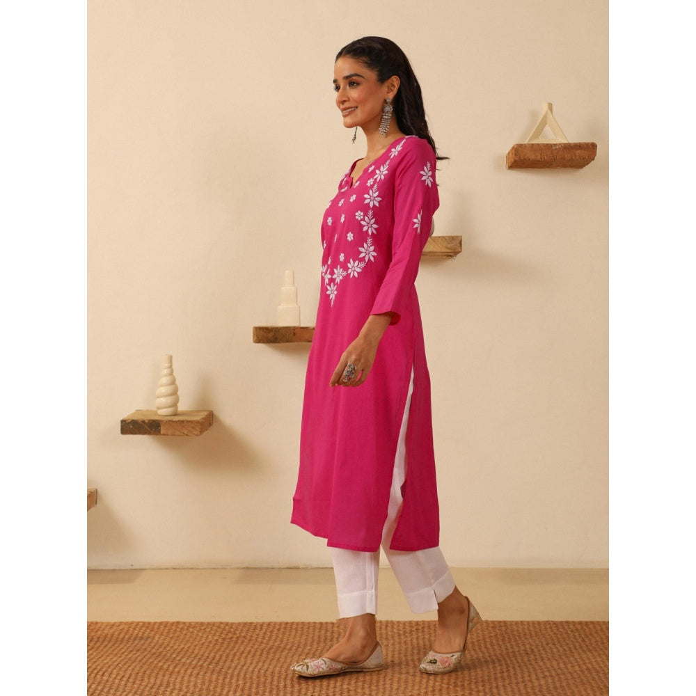 House of Chikankari Pink Cotton Women's Long Kurta
