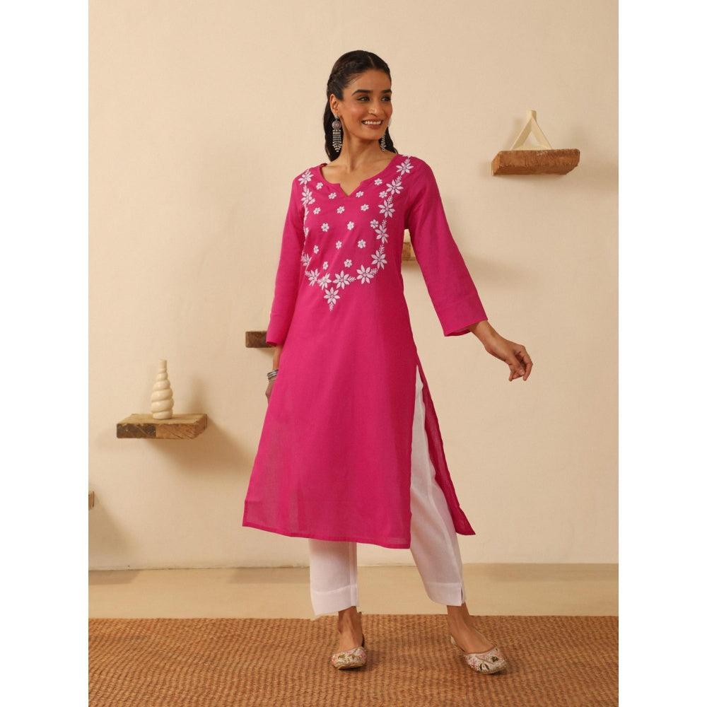 House of Chikankari Pink Cotton Women's Long Kurta