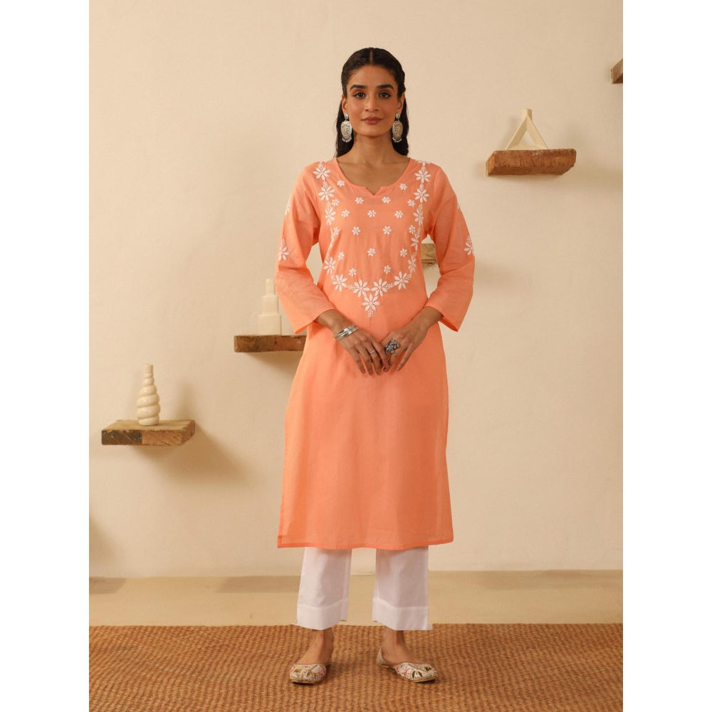 House of Chikankari Peach Cotton Women's Long Kurta