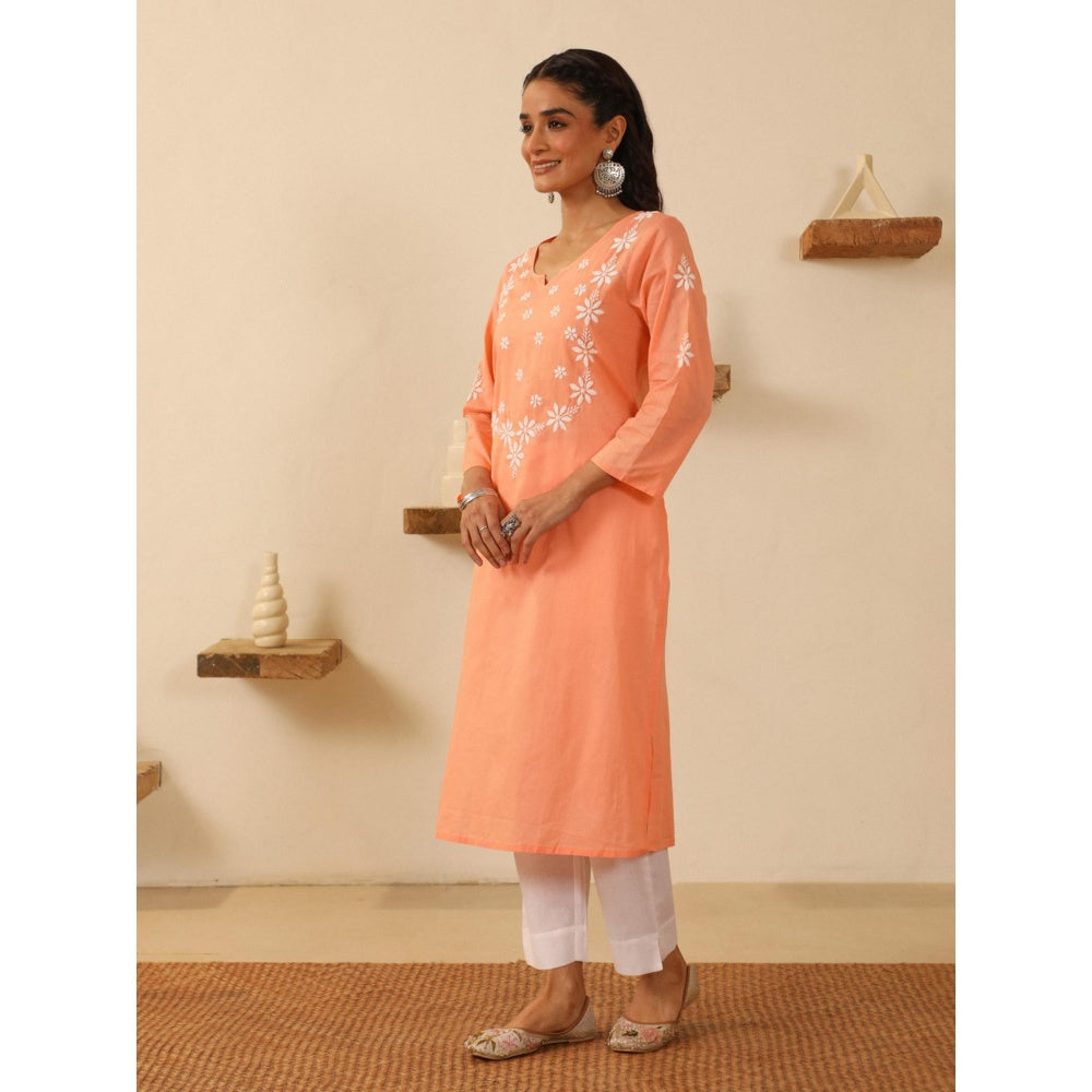 House of Chikankari Peach Cotton Women's Long Kurta