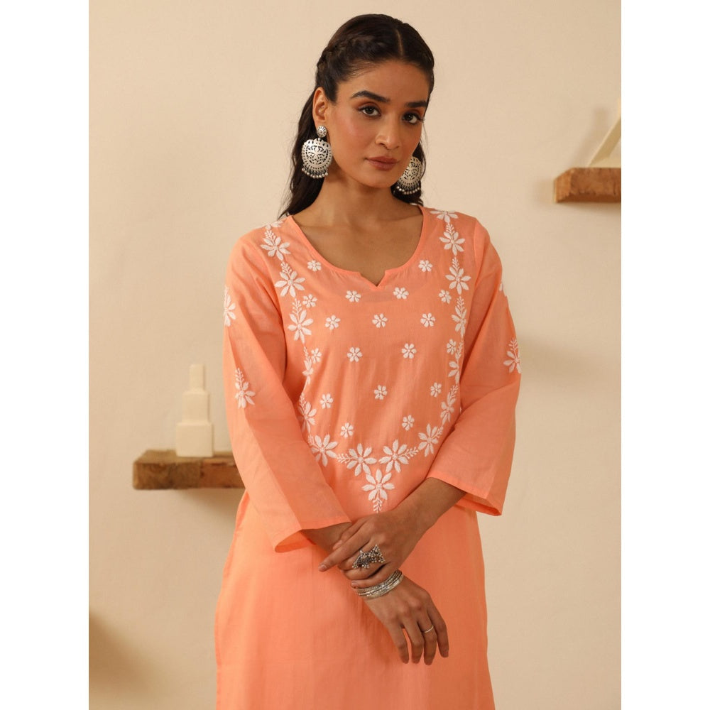 House of Chikankari Peach Cotton Women's Long Kurta
