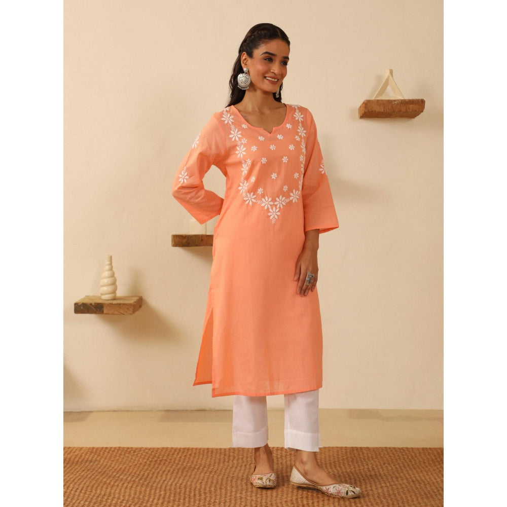 House of Chikankari Peach Cotton Women's Long Kurta