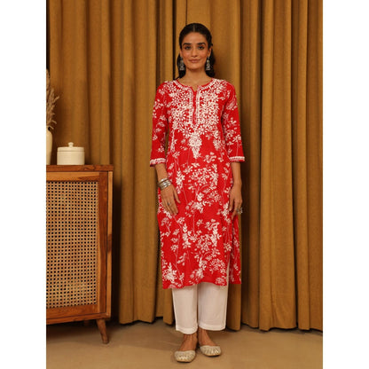 House of Chikankari Red Women's Chikankari Cotton Mulmul Kurta