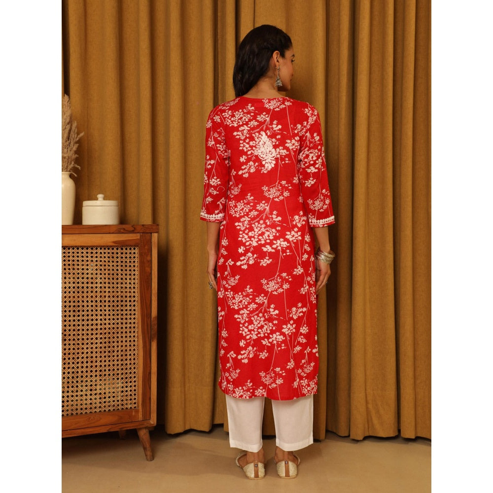 House of Chikankari Red Women's Chikankari Cotton Mulmul Kurta