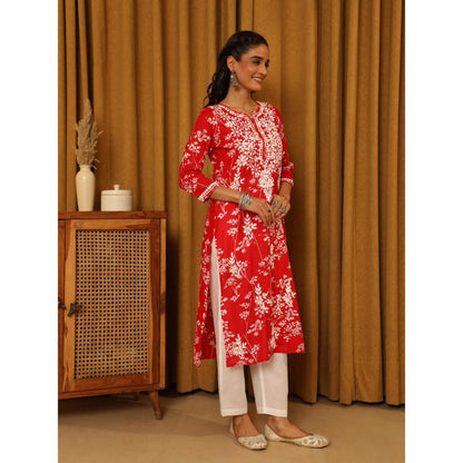 House of Chikankari Red Women's Chikankari Cotton Mulmul Kurta