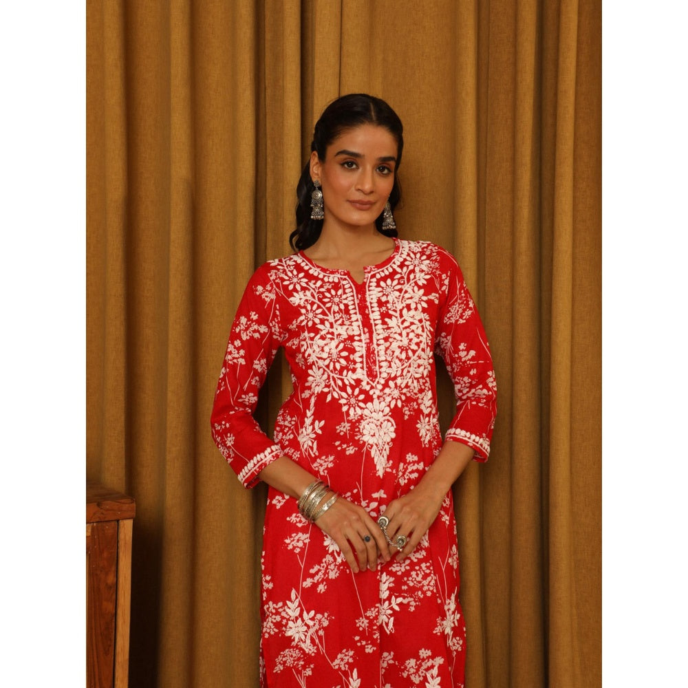 House of Chikankari Red Women's Chikankari Cotton Mulmul Kurta
