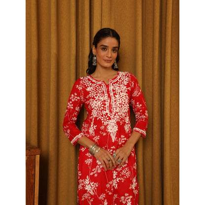 House of Chikankari Red Women's Chikankari Cotton Mulmul Kurta