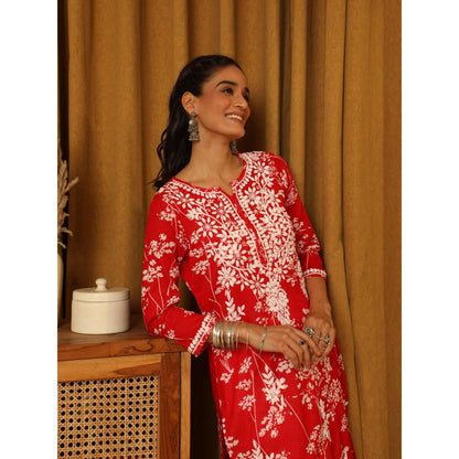 House of Chikankari Red Women's Chikankari Cotton Mulmul Kurta