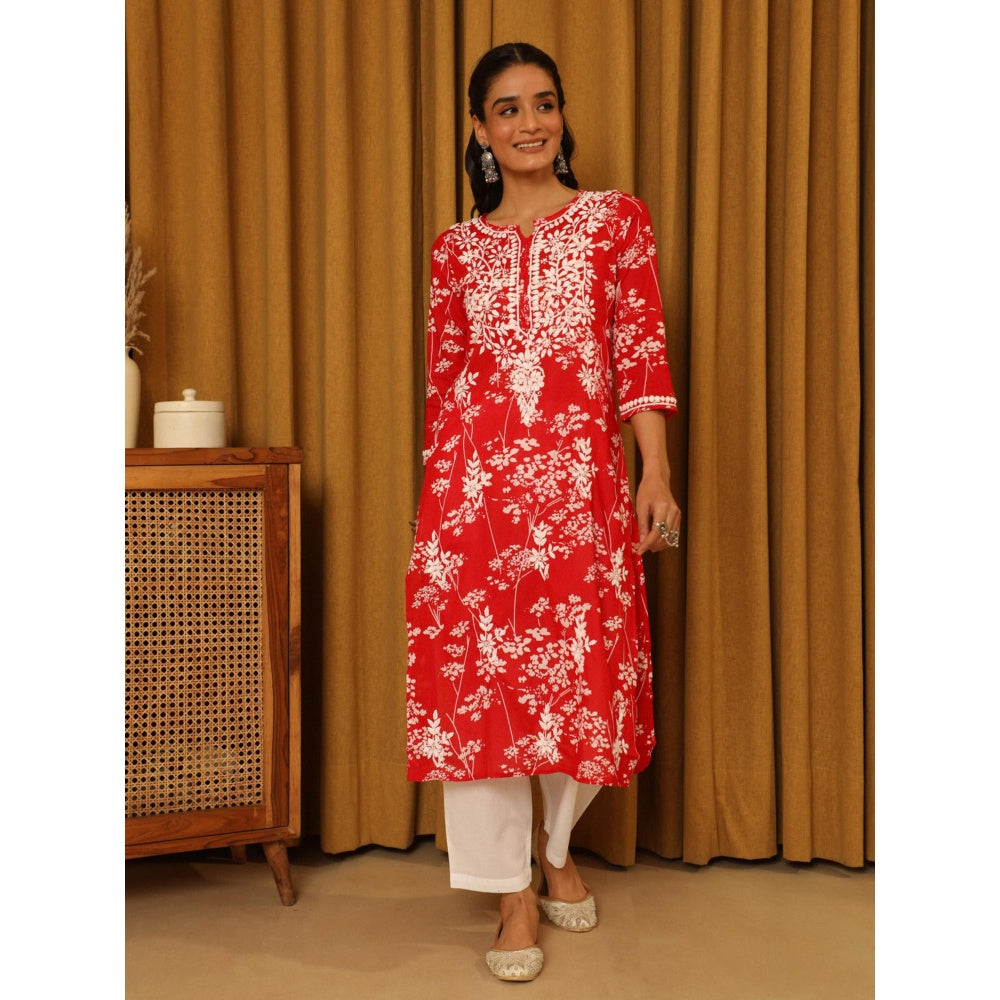 House of Chikankari Red Women's Chikankari Cotton Mulmul Kurta