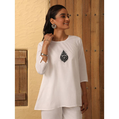 House of Chikankari Women's White Hand Embroidered Solid Co-Ord (Set of 2)