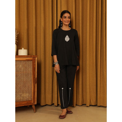 House of Chikankari Women's Black Hand Embroidered Solid Co-Ord (Set of 2)