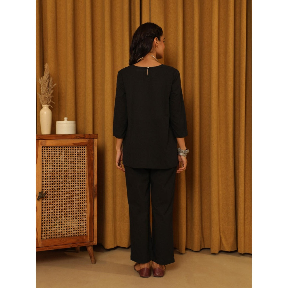 House of Chikankari Women's Black Hand Embroidered Solid Co-Ord (Set of 2)