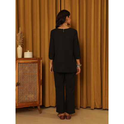 House of Chikankari Women's Black Hand Embroidered Solid Co-Ord (Set of 2)