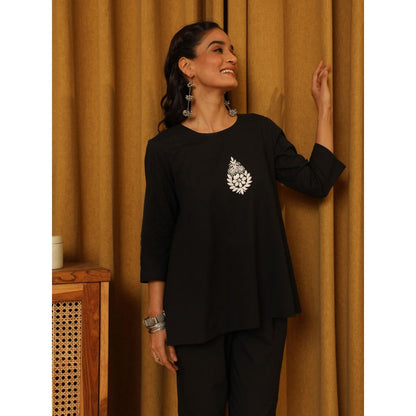 House of Chikankari Women's Black Hand Embroidered Solid Co-Ord (Set of 2)
