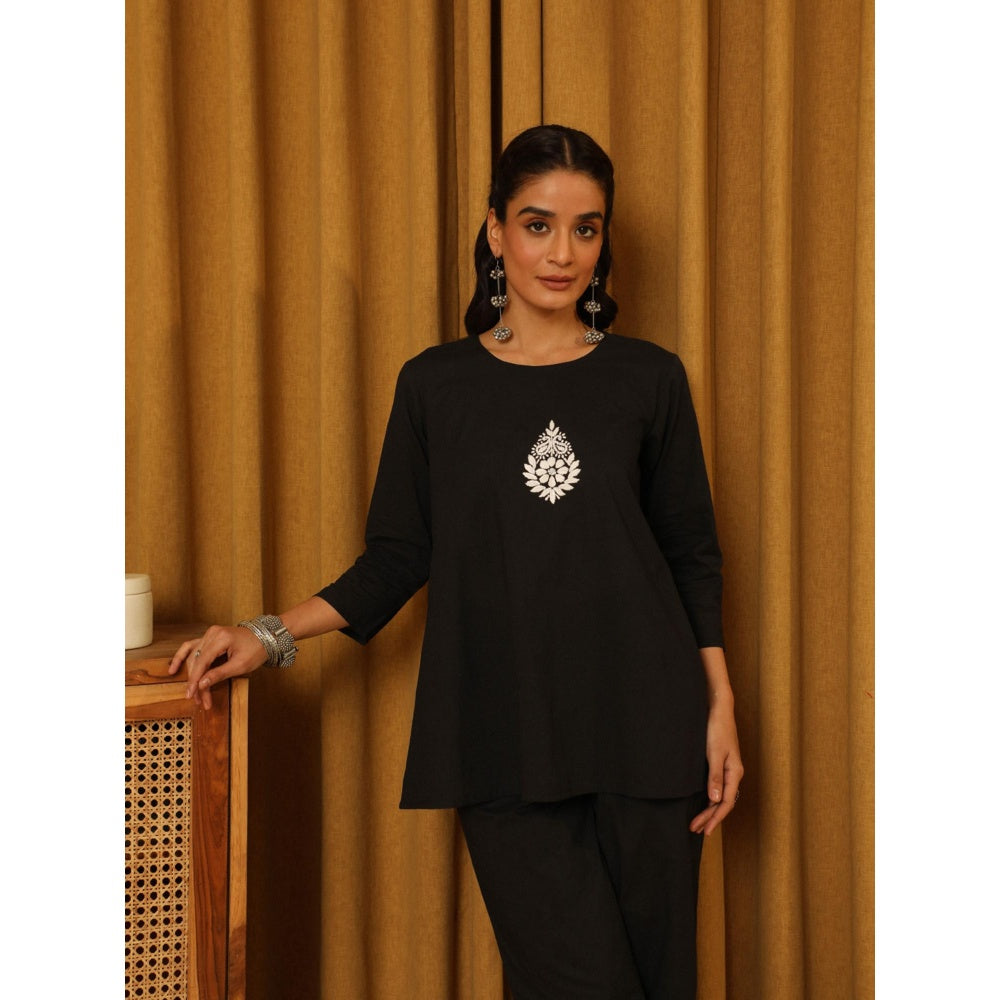 House of Chikankari Women's Black Hand Embroidered Solid Co-Ord (Set of 2)