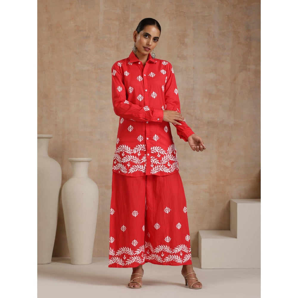 House of Chikankari Red Aiman Chikankari Shirt Style Kurta and Palazzo (Set of 2)