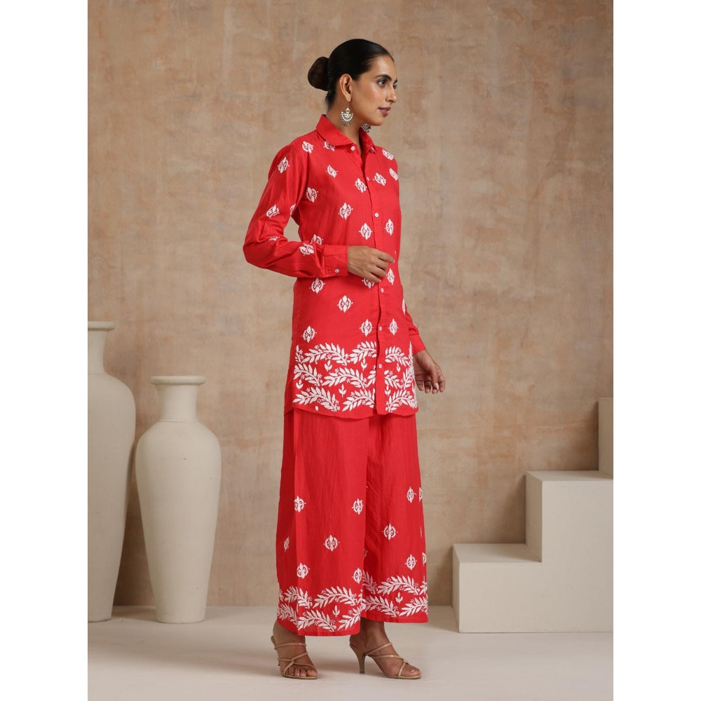 House of Chikankari Red Aiman Chikankari Shirt Style Kurta and Palazzo (Set of 2)