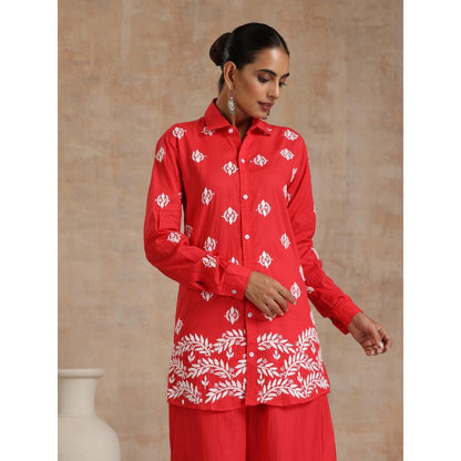 House of Chikankari Red Aiman Chikankari Shirt Style Kurta and Palazzo (Set of 2)