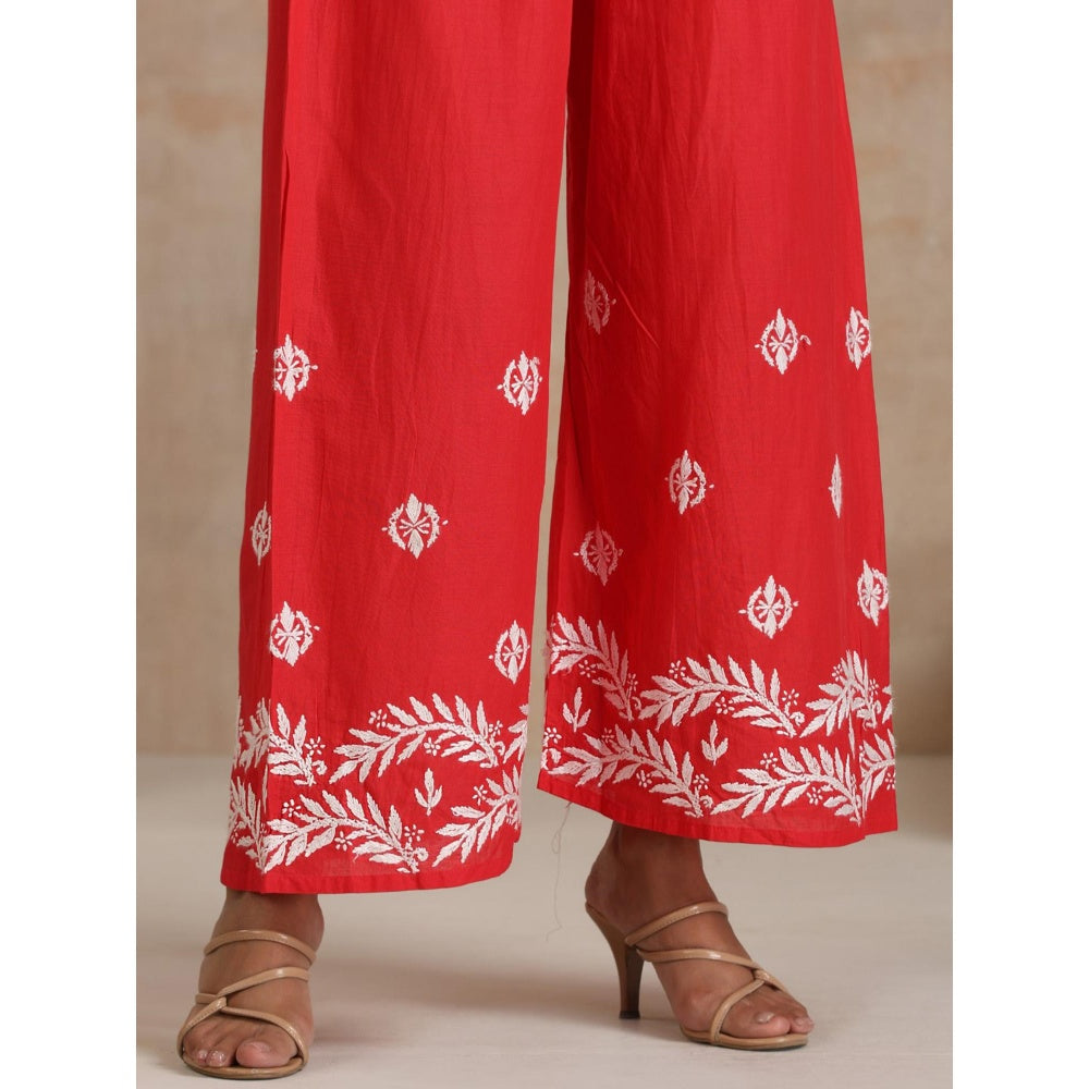 House of Chikankari Red Aiman Chikankari Shirt Style Kurta and Palazzo (Set of 2)