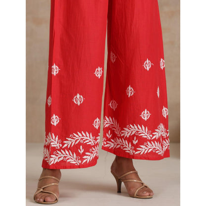 House of Chikankari Red Aiman Chikankari Shirt Style Kurta and Palazzo (Set of 2)