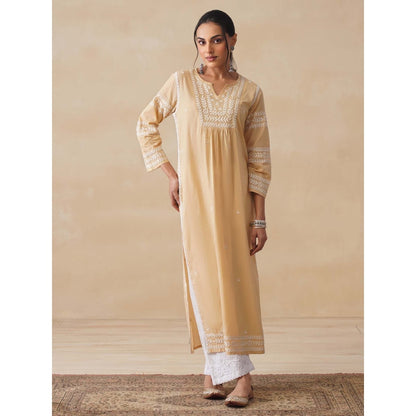 House of Chikankari Womens Woven Pure Cotton Chikankari Kurta-Beige